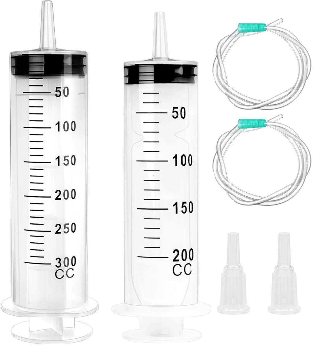 2 stuks spuiten, 200 ml + 300 ml, spuit met slang, grote spuit, oliespuit, doseerspuit zonder naald, spuitset voor laboratorium, industrie, diervoeding