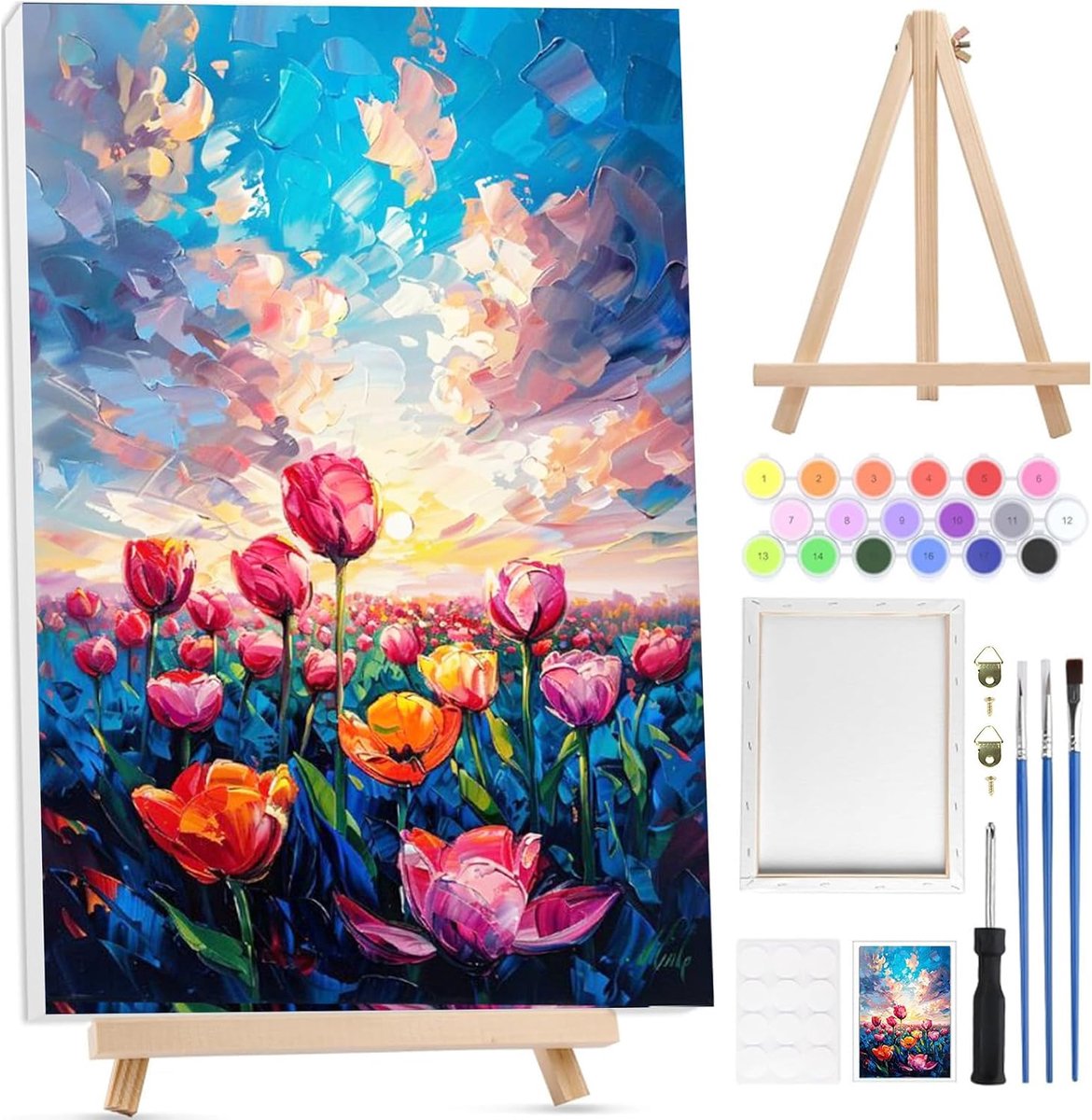 Bloemen om te schilderen op nummer voor volwassenen, kinderen, beginners met houten frame en ezel, landschapsschilderijen, schilderen op nummer, acrylverf, knutselen, volwassenen, voor