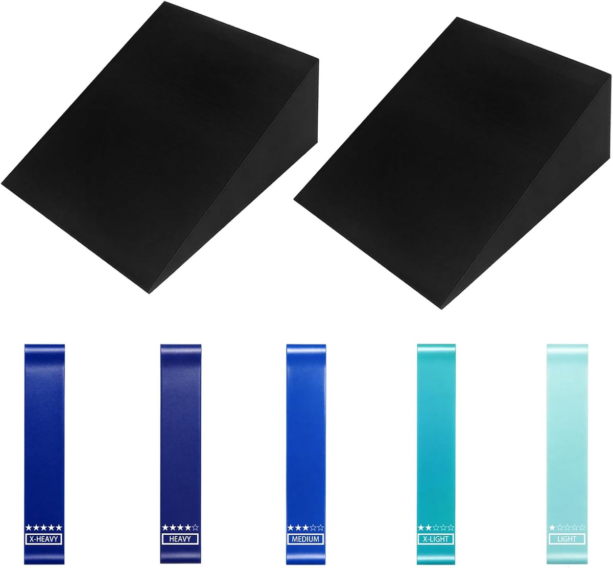 Kuitstretchers, set van 2 met 5 fitnessbanden (5 diktes), squat wedge, kuitstretcher, schuine yoga-wig voor kniebuigingen en enkelstretcher, yoga en spieropbouw