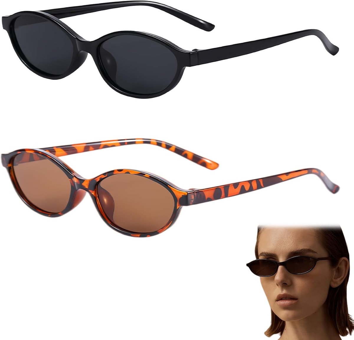 Zonnebrillen Dames – 2 Stuks Vintage Smalle Jaren 90 Cat Eye Design, UV400 Bescherming, Lichtgewicht Fashion Accessoire in Zwart & Luipaard voor Zomer, Festival & Dagelijks Gebru