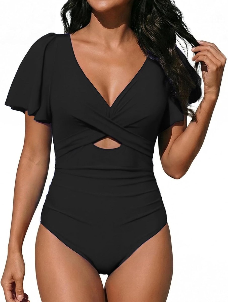 Badpak voor dames, buikweg, ruches, eendelig, V-hals, badkleding, push-up, hoge monokini met buikcontrole, zwempak, cross swimwear