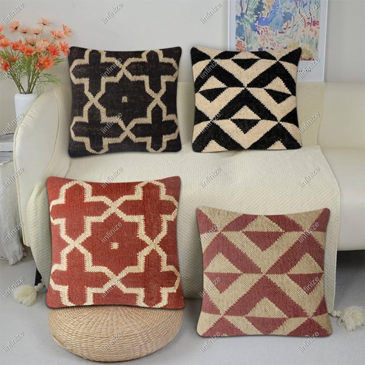 Kussenhoezen 45x45 cm - Wol-Jute - Handgeweven kilim design - Perfect voor woonkamer - SnelShoppen