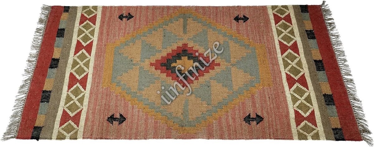 Vloerloper 3x1,5 m - Boheemse wol-jute - Handgeweven kelim - Duurzaam en onderhoudsvriendelijk - SnelShoppen