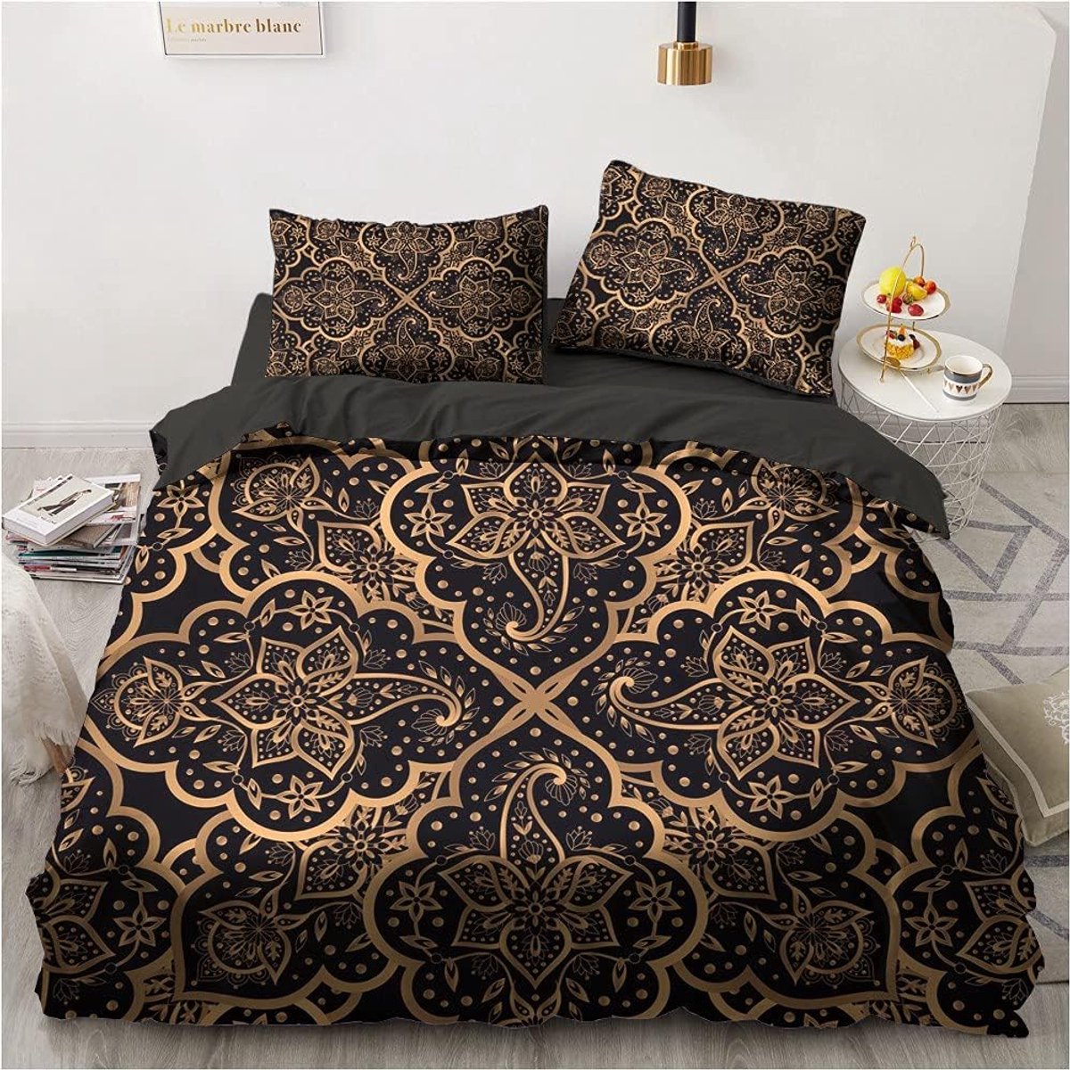 Dekbedovertrek set 135 x 200 cm - zwart/goud - bohemian mandala patroon - stijlvol en comfortabel - ShopVlot