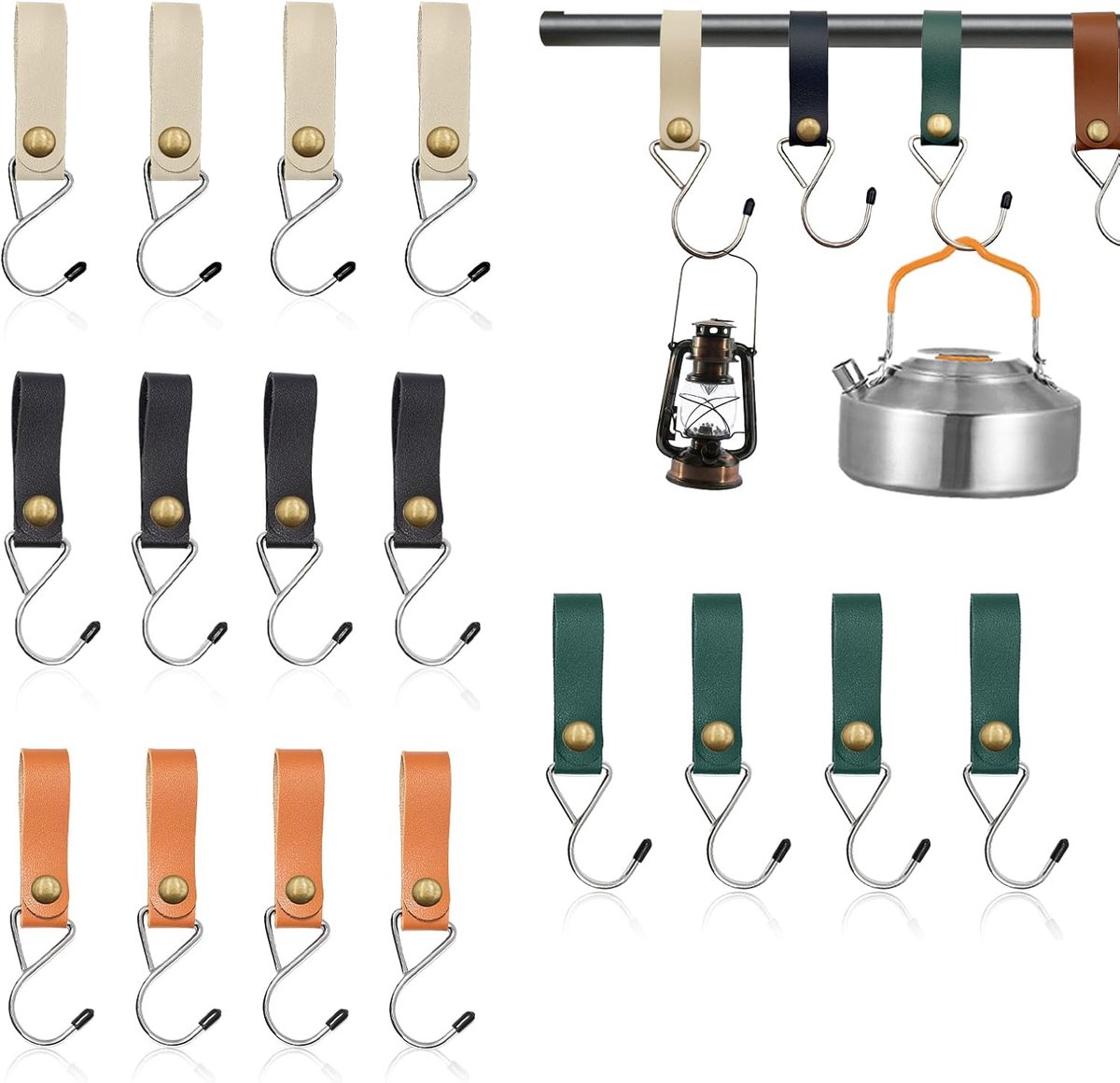 S-haak met leren lus 12 stuks - metaal - multifunctioneel - ideaal voor kleding en camping - ShopVlot