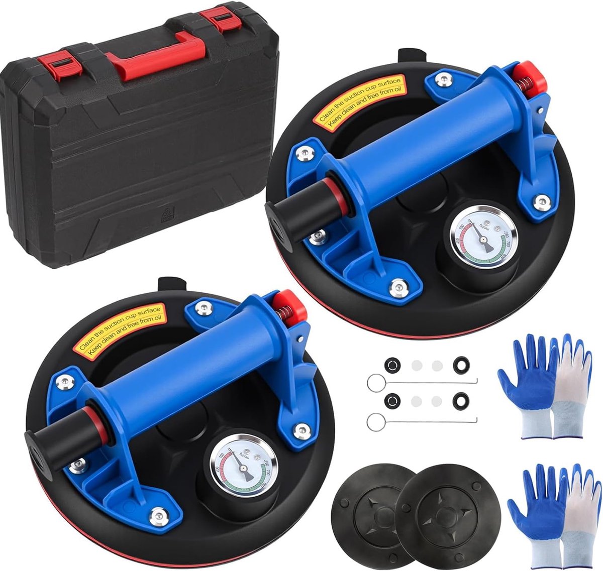 Glaszuiger set van 2 - 8 inch met drukmeter - maximaal 220 kg - ideaal voor glas en tegels - ShopVlot