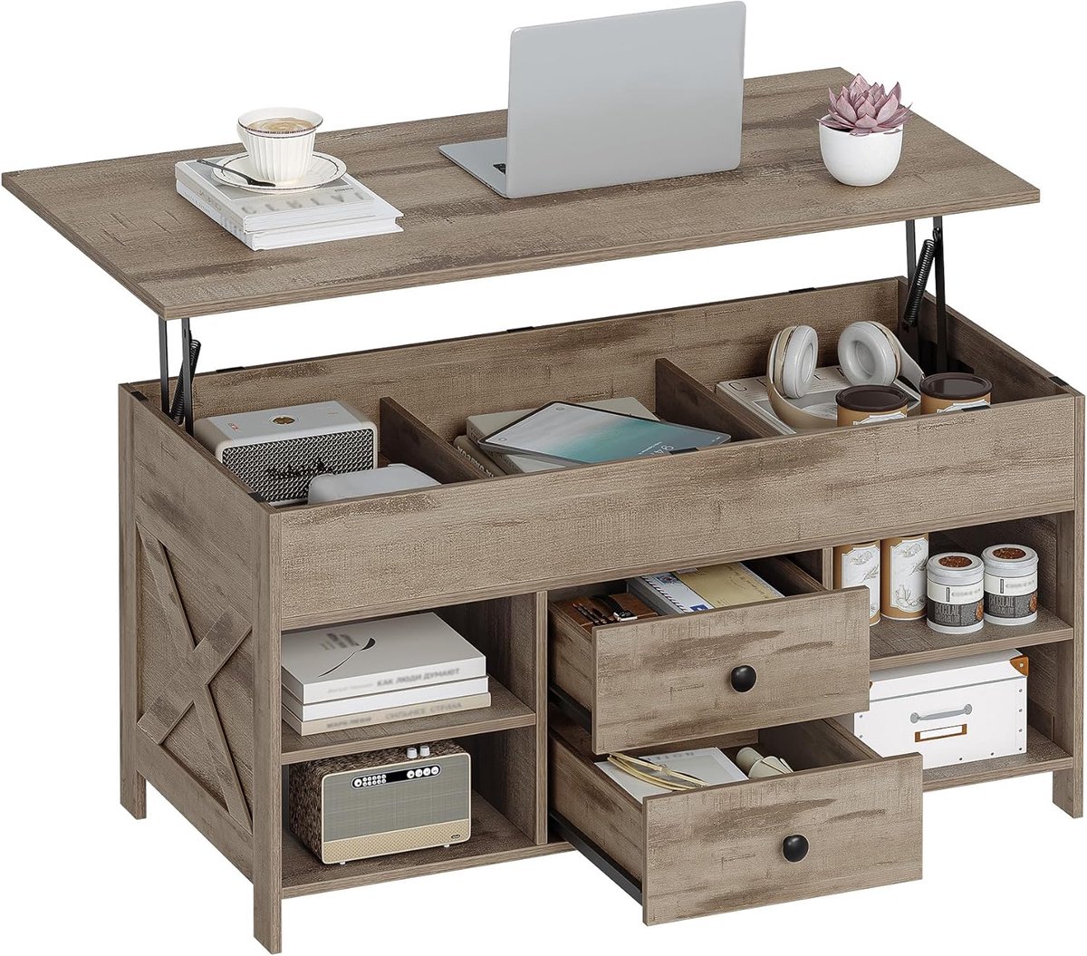 Hzuaneri Salontafel, In hoogte verstelbare salontafel, 2 lades en verborgen opbergruimte met opklapbaar blad, 50 x 100 x 47,3 cm, geschikt voor woonkamer, eetkamer, camelbruin-zwart