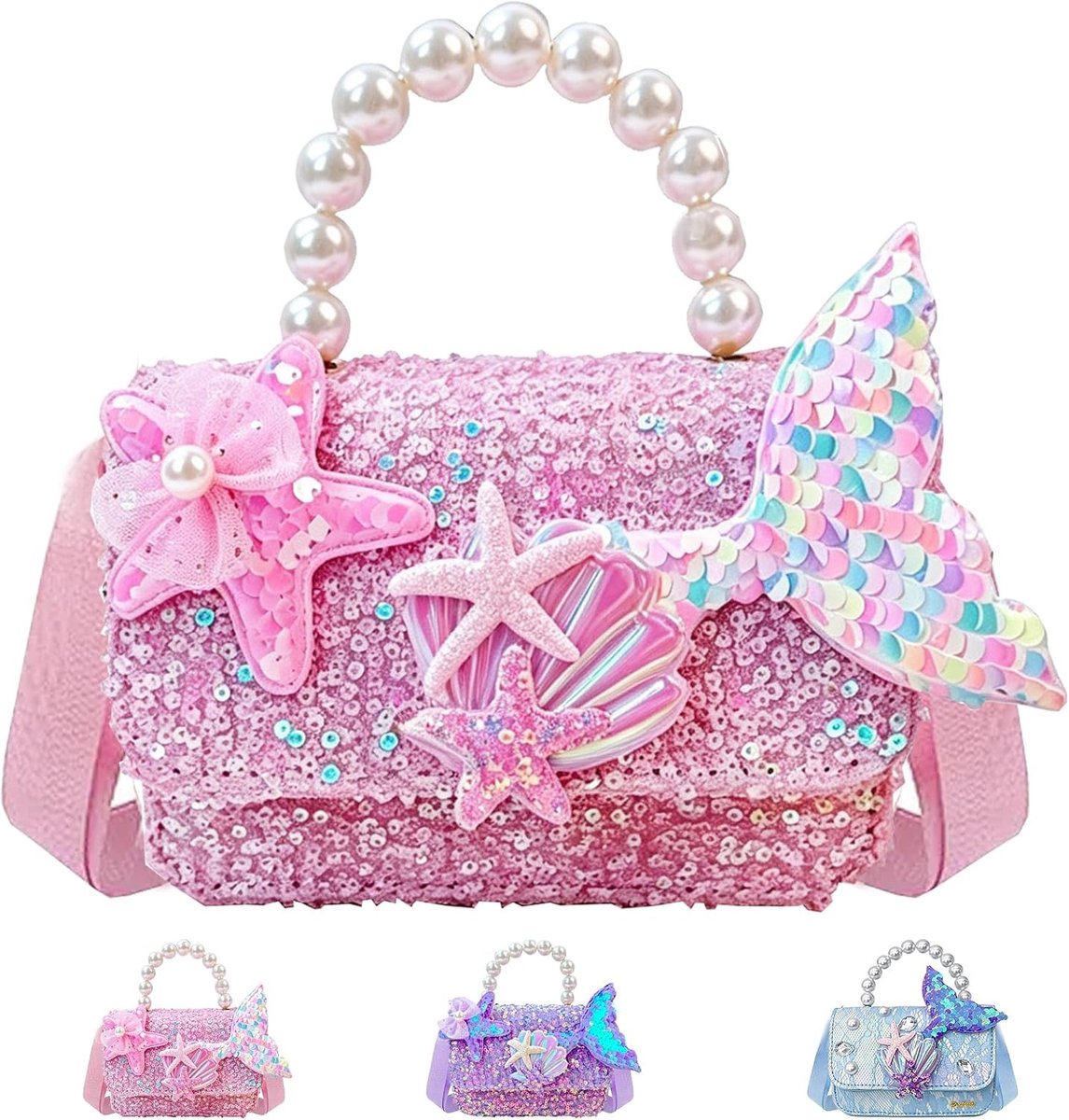 Schoudertas Handtas voor Meisjes met Parelen Handvat - Zeemeermin en Schelp Patroon - Perfect voor Winkelen - ShopVlot