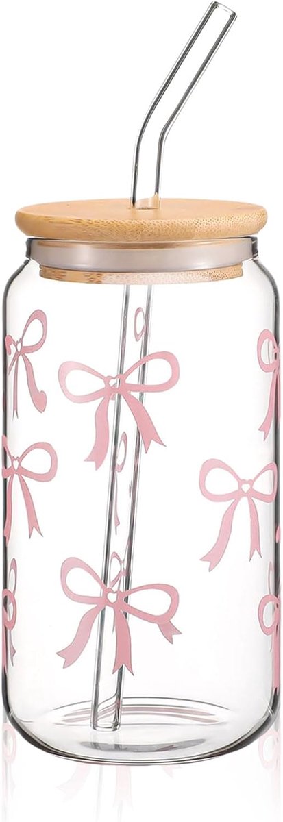 Glazen Tumbler 16 oz - Coquette Strik Design - Inclusief Deksel en Rietje - Geniet van je Drank in Stijl - SnelShoppen