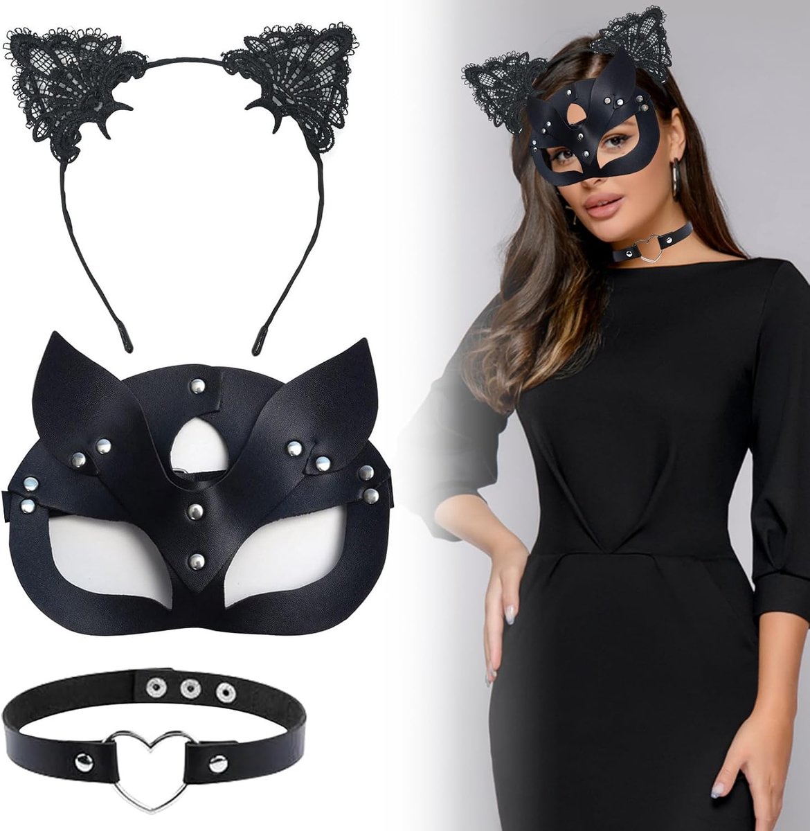 Cat mask zwart PU leer - 3-delige set - glanzend ontwerp - perfect voor carnaval - SnelShoppen
