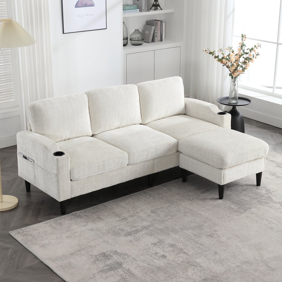 MEUNIQ Hoekbank 4-zits 196,5 x 75 x 77 cm met hocker, opbergruimte, bekerhouders en zijvakken, chenille-stof, beige