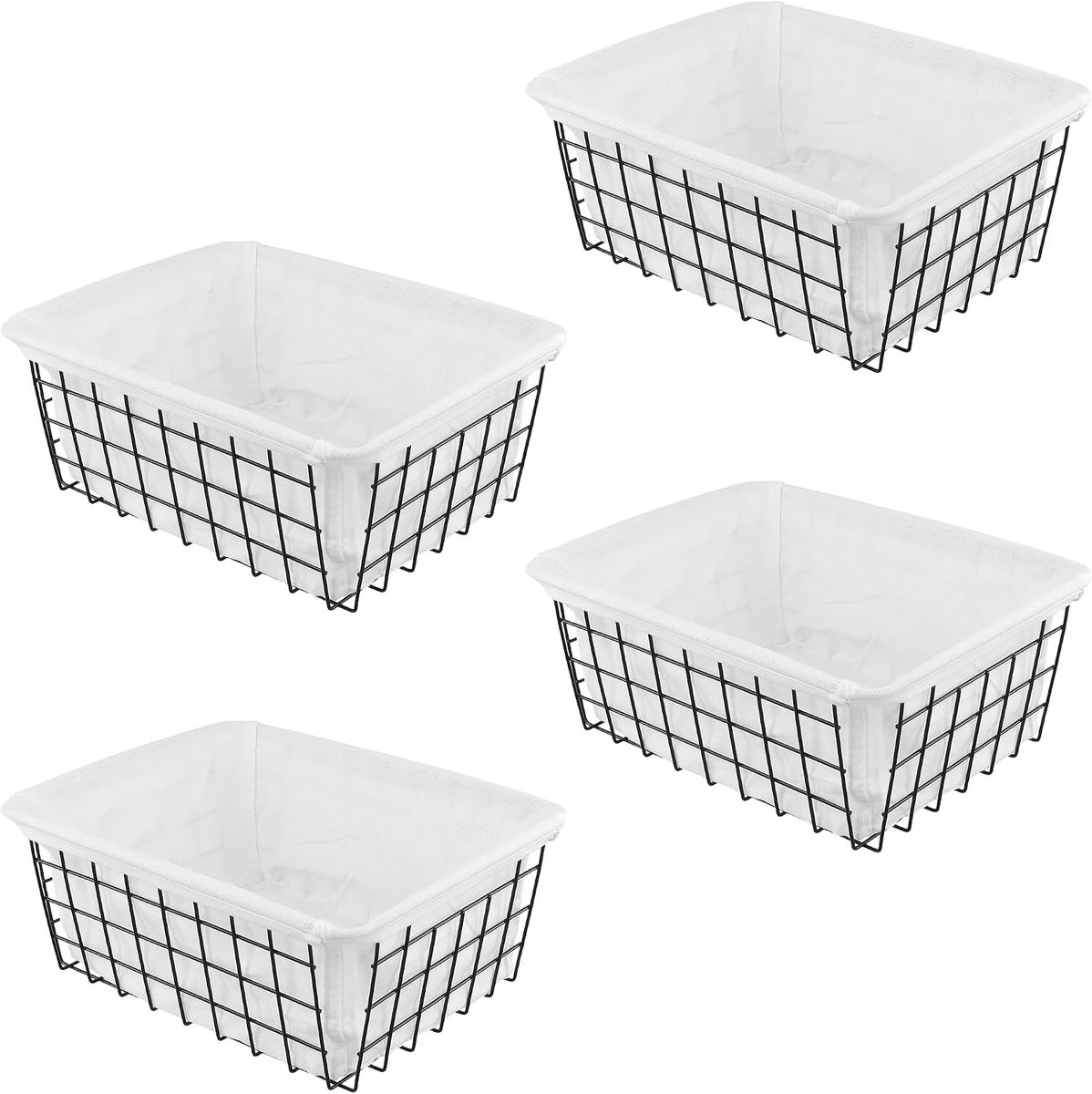 4 stuks draadmanden met stoffen inzet, 12 x 22 x 28 cm, zwarte metalen mand, roostermand, metalen opbergmand voor fruit, brood, make-up en accessoires