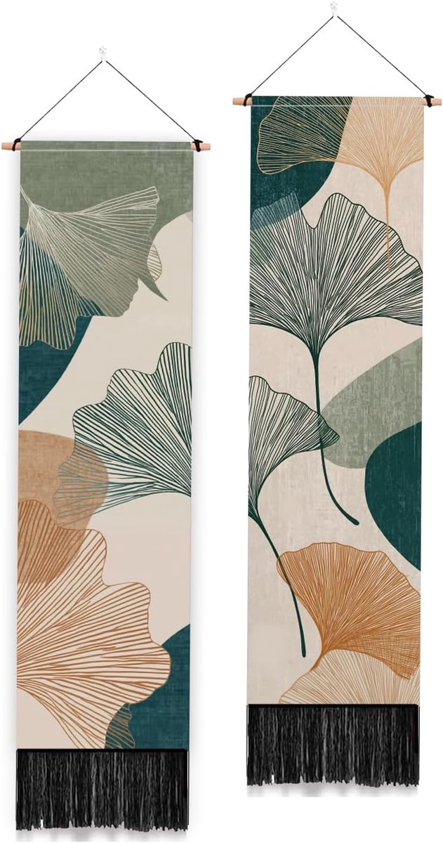 2 stuks verticaal wandtapijt met ginkgobladeren en kwastjes, eenvoudig wandtapijt in boho-stijl met lijntekening, lang en smal, voor slaapkamer, woonkamer, studentenhuis