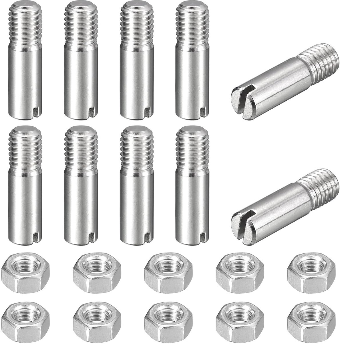 10 stuks cilinderpennen M10 x 35 mm 304 roestvrij staal plugpennen met M10 x 10 mm buitendraad, schroefdraadpennen met sleuf en moeren set voor mechanische productie, industrie