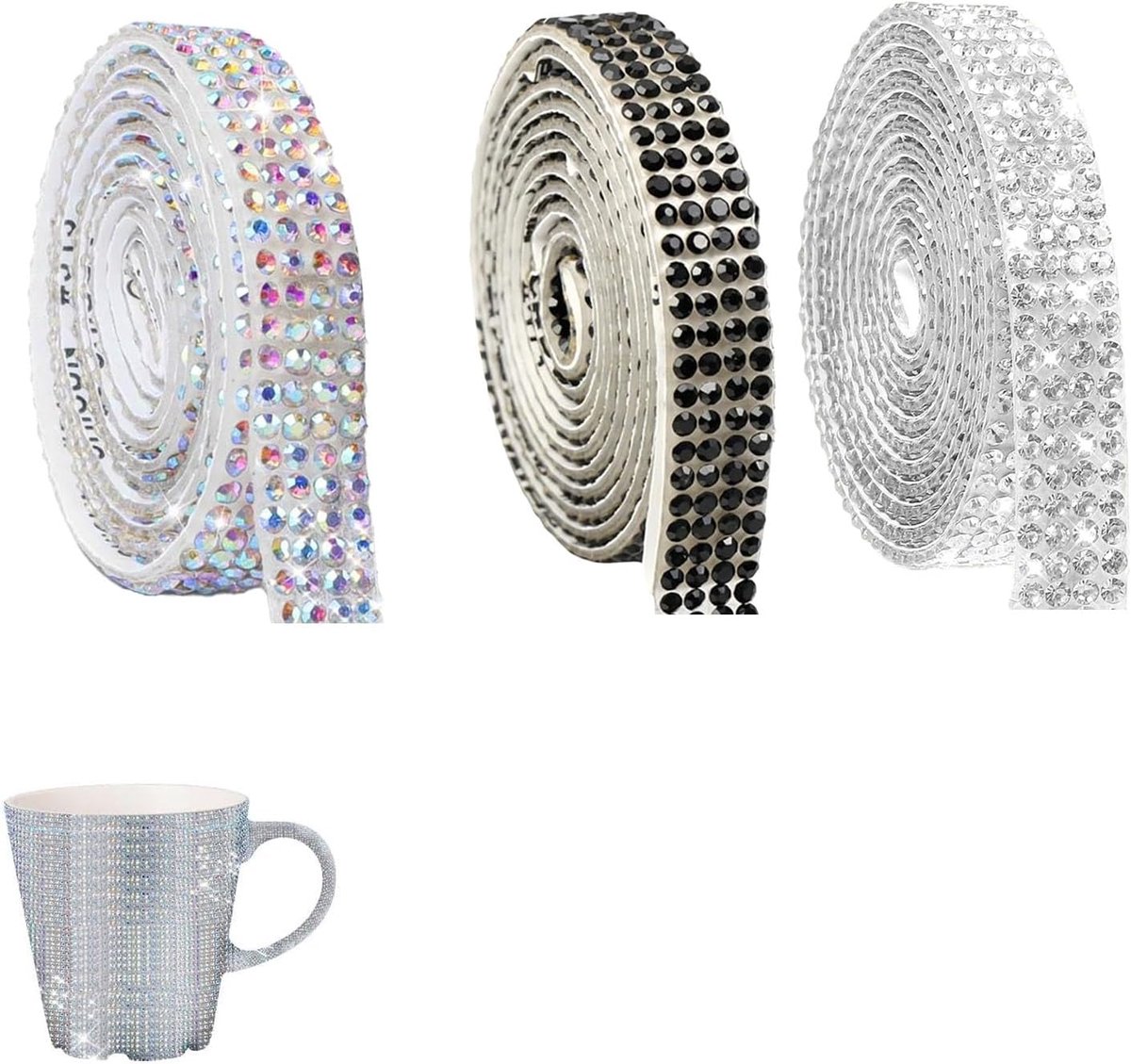3 rollen zelfklevende glitterband strassband kristal diamant decoratie zilver zwart gekleurd strass steentjes plakband voor DIY knutselen kleding accessoires en decoratie