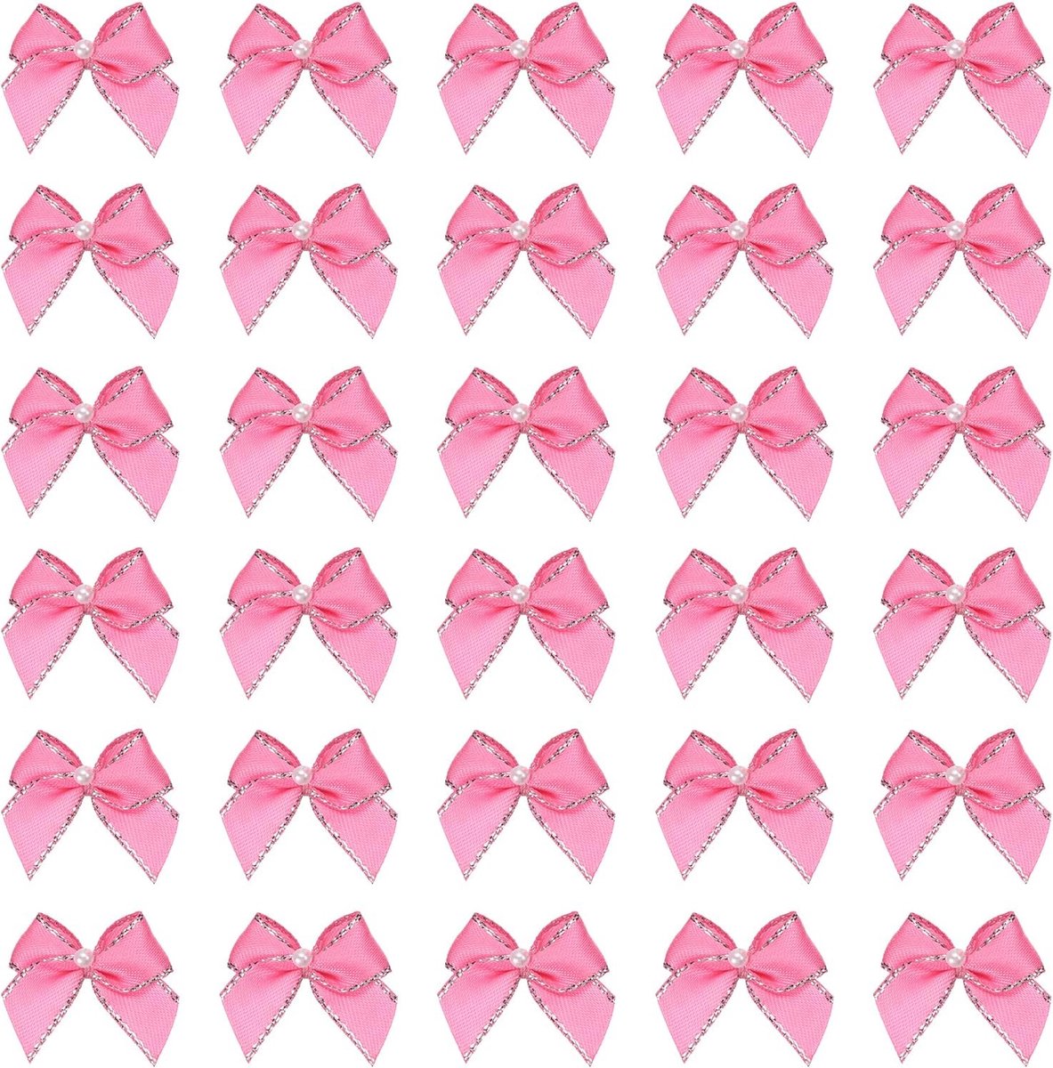 50 stuks mini roze zilveren toon lint bogen met parel 2,5 cm lint bloemen applicaties voor ambachten DIY haar bogen naaien bruiloft party kerstdecoratie