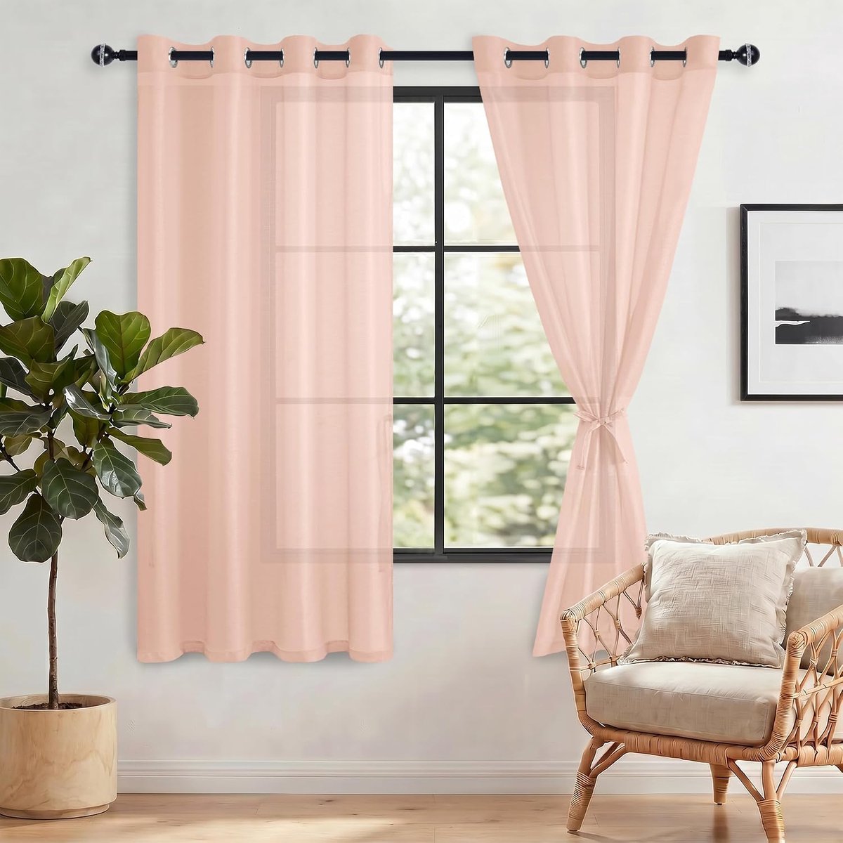 Voile gordijnen met inslagringen, gordijn, kort, transparant, 145 x 140 cm (h x b), set van 2 gordijnen voor woonkamer, slaapkamer, railsysteem, gordijnen, blush roze