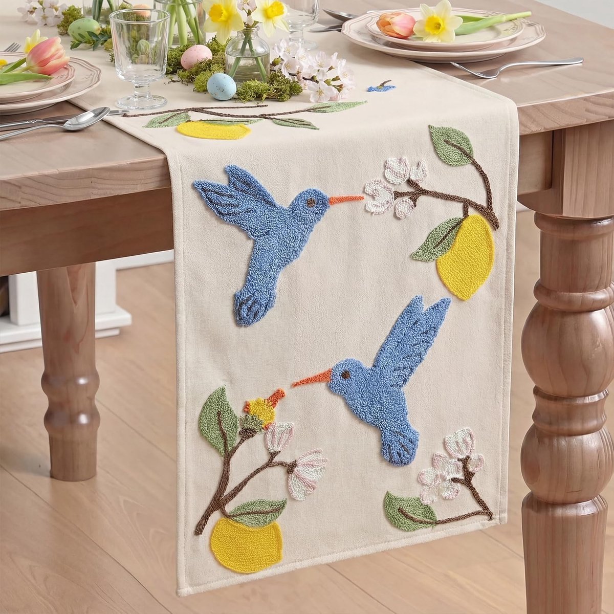 Mode Zacht kettingborduurwerk blauwe vogels citroen lente tafelloper 33 x 183 cm, zomer keuken tafel decoratie vakantie party decoratie