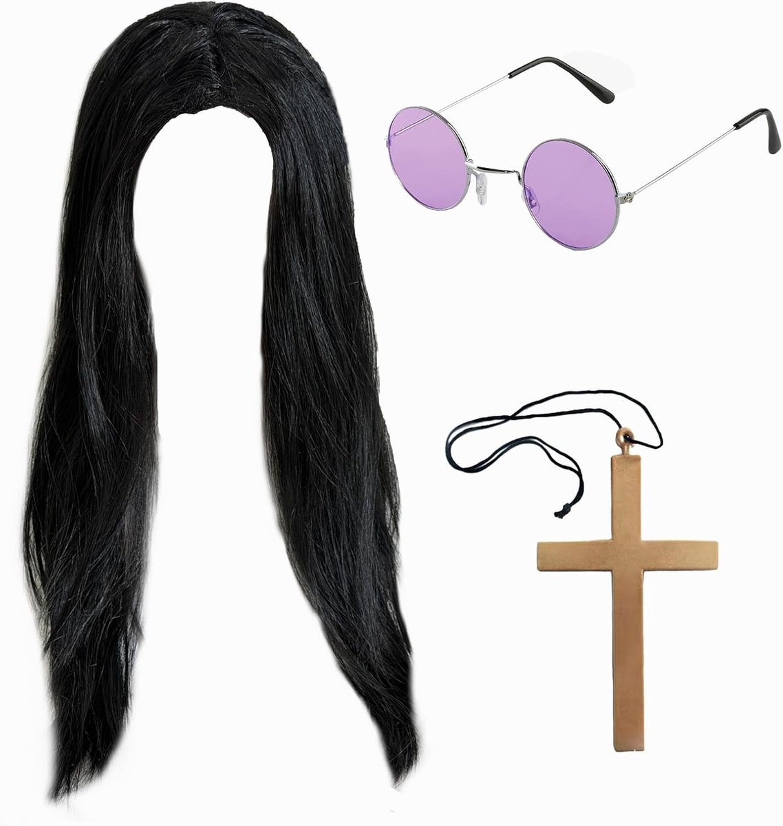 3-delige Prince of Darkness-accessoireset voor volwassenen, rockster, kostuumaccessoireset, lange zwarte pruik, ronde paarse bril, gouden kruis, jaren 70-80-kostuumaccessoires voor mannen en