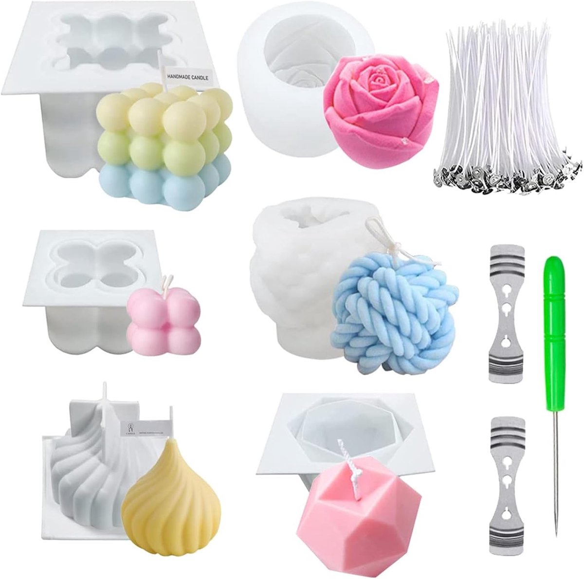kaarsenmaakset met siliconen vormen, 15-delige kaarsgietvorm set voor Bubble- & Rubik's Cube kaarsen, incl. lonten, houders en accessoires voor handgemaakte geurkaarsen, wit/meerkleurig