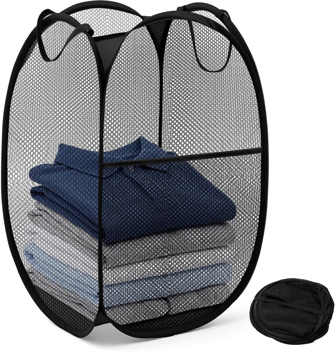 Opvouwbare wasmand 35 x 35 x 58 cm - zwart net - met handgrepen - ideaal voor opbergen - ShopVlot