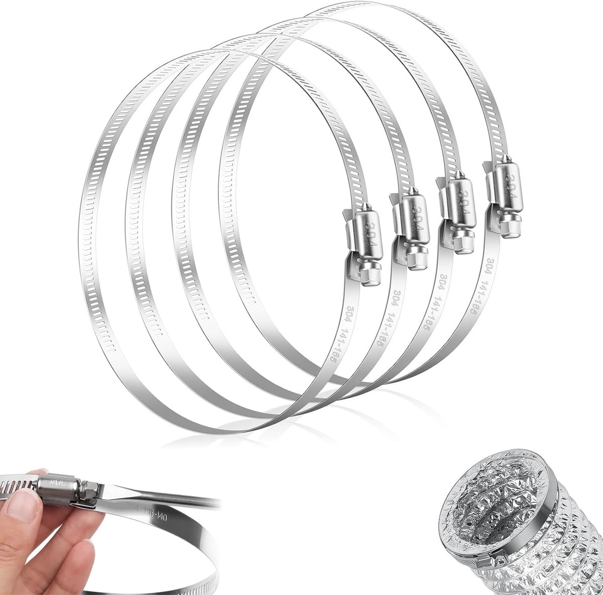 Slangenklem 141-165 mm - verstelbaar roestvrij staal - 4-delige set - ideaal voor zwembad- en ventilatieslangen - ShopVlot
