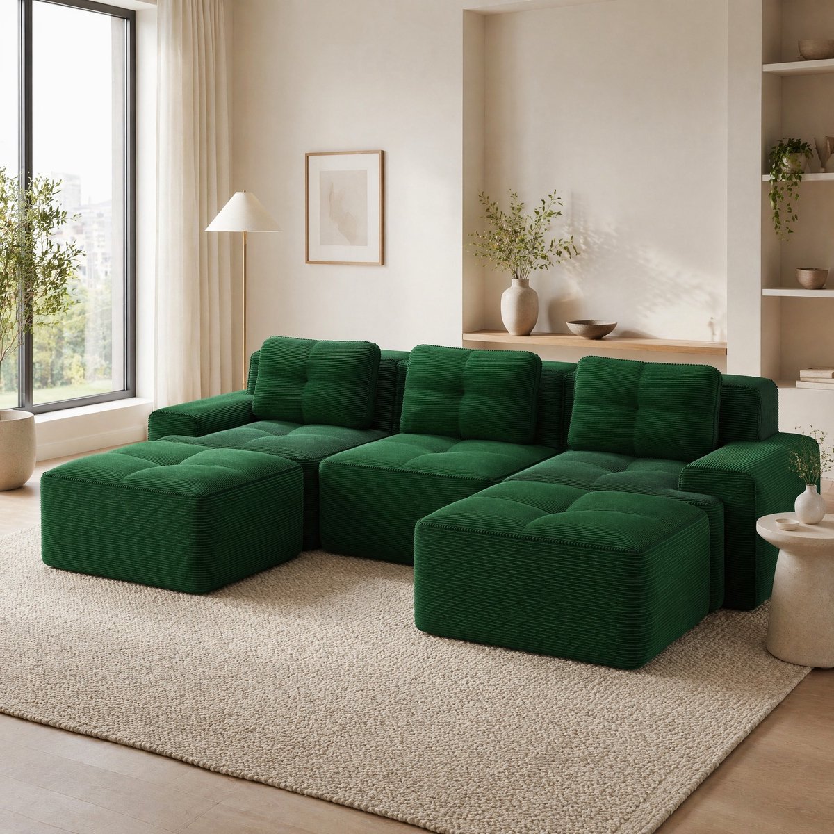 MEUNIQ modulaire U-bank 293 x 177 x 69 cm met ottoman, 74 cm zitdiepte, corduroy bekleding, zonder montage, voor woonkamer, groen