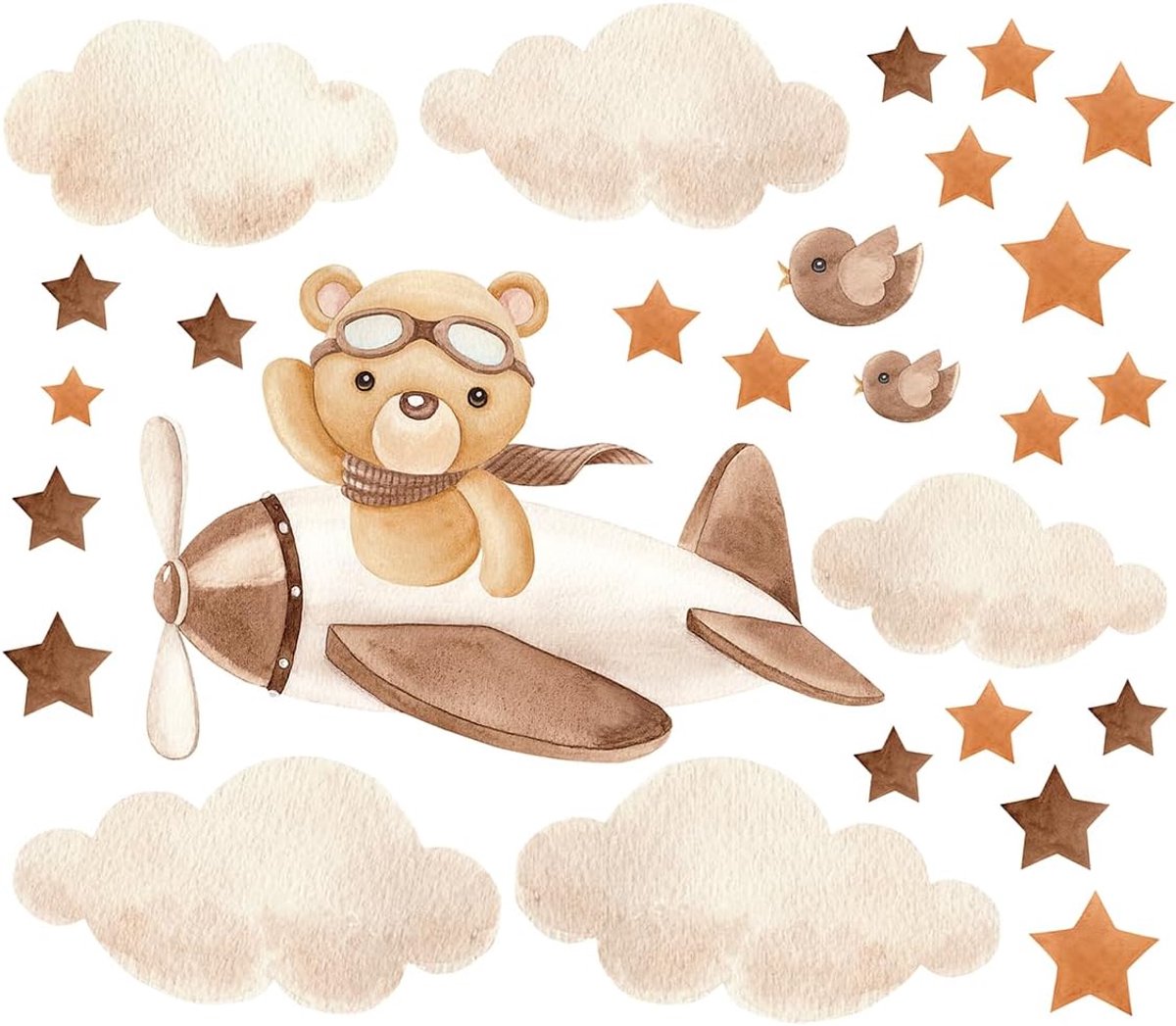 Wandsticker kinderkamer - Teddybeer in een vliegtuig - Boho sterren en wolken - Veilig en niet-toxisch - ShopVlot
