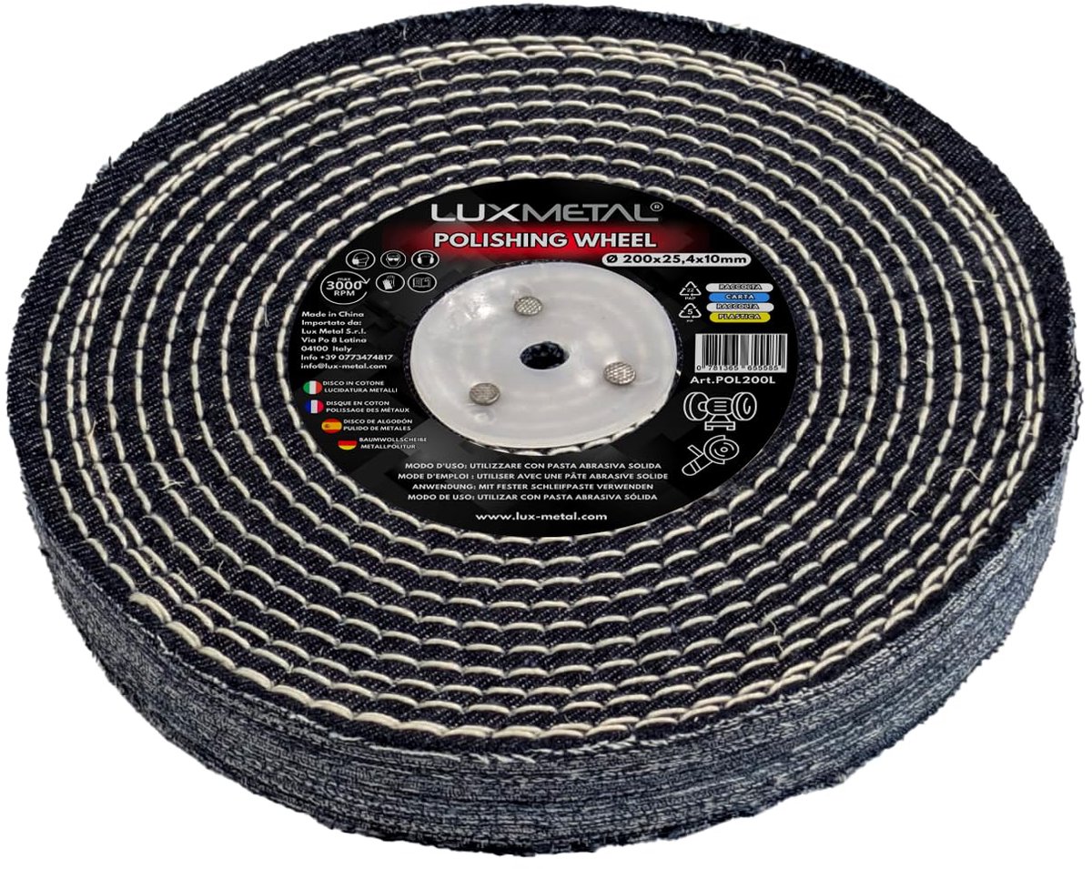 Polijstschijf katoen 200 x 25,4 mm - voor slijpschijf - spiegelafwerking - ideaal voor staal en aluminium - ShopVlot