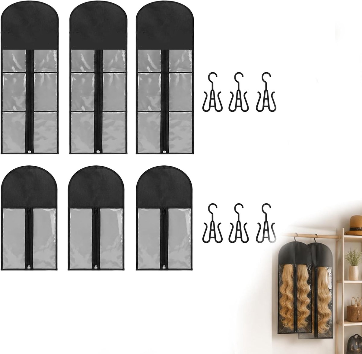 Wig opslagzakken set van 6 - 60 cm en 80 cm - stofdicht en met pendant - ideaal voor haarextensions - ShopVlot