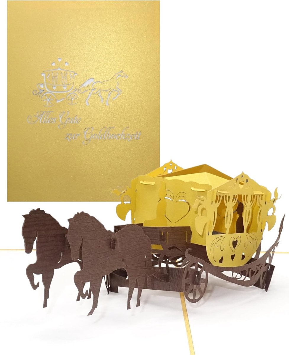 Pop-up kaart 3D - gouden trouwkaart - paardenkoets motief - verrassing voor 50-jarig huwelijk - ShopVlot