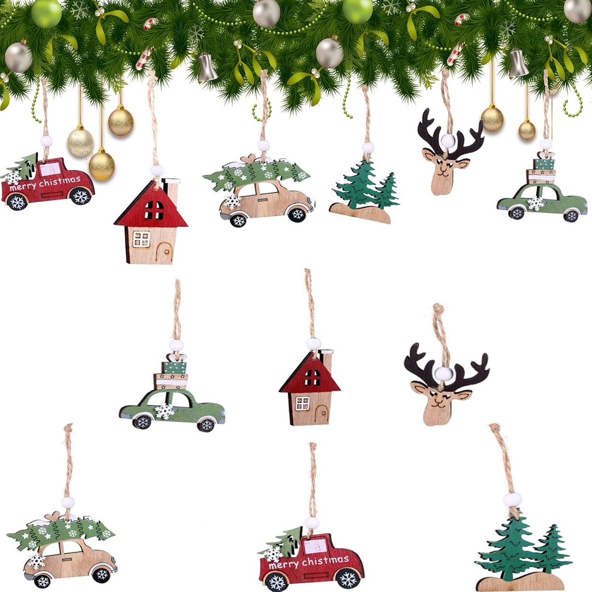 Kerstdecoratie Hanger 12 Stuks - Houten Pendants - Exquisite Ontwerpen - Voor Sfeervolle Versiering - SnelShoppen