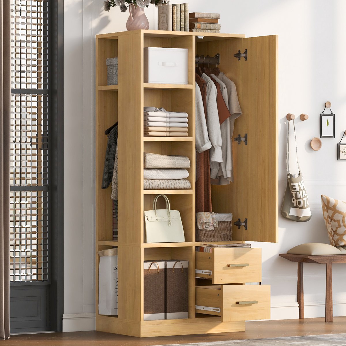 STILVORA Kledingkast - Met 2 Kledingstangen En 2 Lades - Open En Gesloten Opbergruimte Voor Slaapkamer - Hout - 70x50x170 Cm - Houtkleur