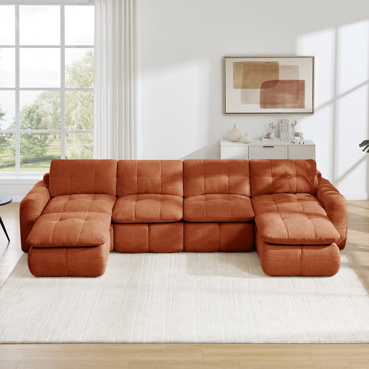 STILVORA U-Bank 334 Cm - Modulaire 4-Zits Met 2 Ottomanen En Chenille - Voor Woonkamer En Appartement - Oranje