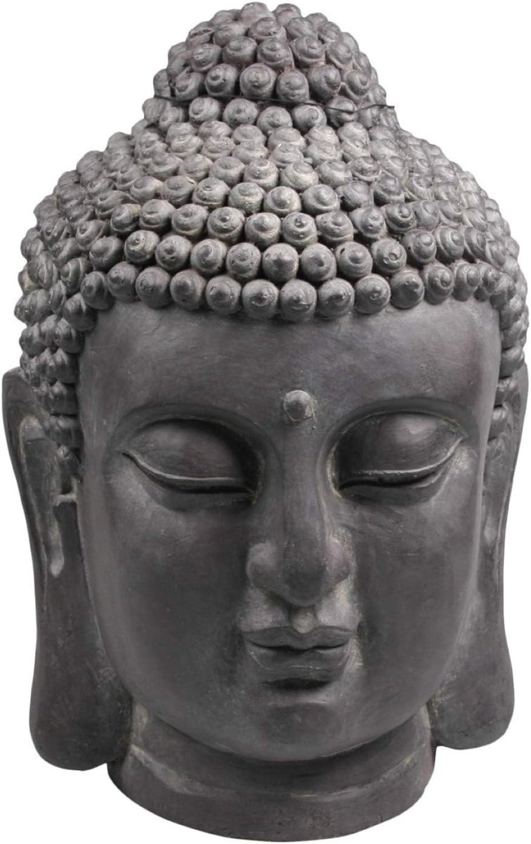 Buddha hoofd tuin ornament medium 31x30x42 cm - donkergrijze fibreclay beeld - tuinaccessoire - sfeervolle toevoeging - ShopVlot