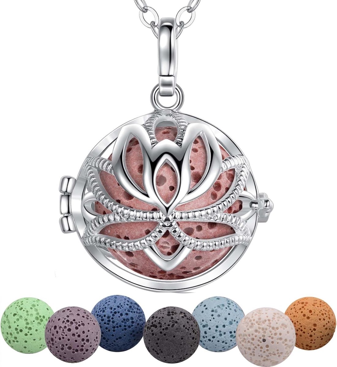 Aromatherapie ketting diffuser - Lotus hanger - Met 7 lavastenen - Geniet van essentiële oliën - ShopVlot