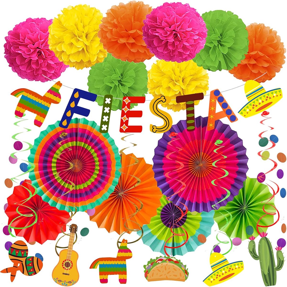 Feestdecoraties - Multicolor Fiesta Banner - Papieren Pompoms en Fans - Perfect voor Mexicaanse Feesten - ShopVlot