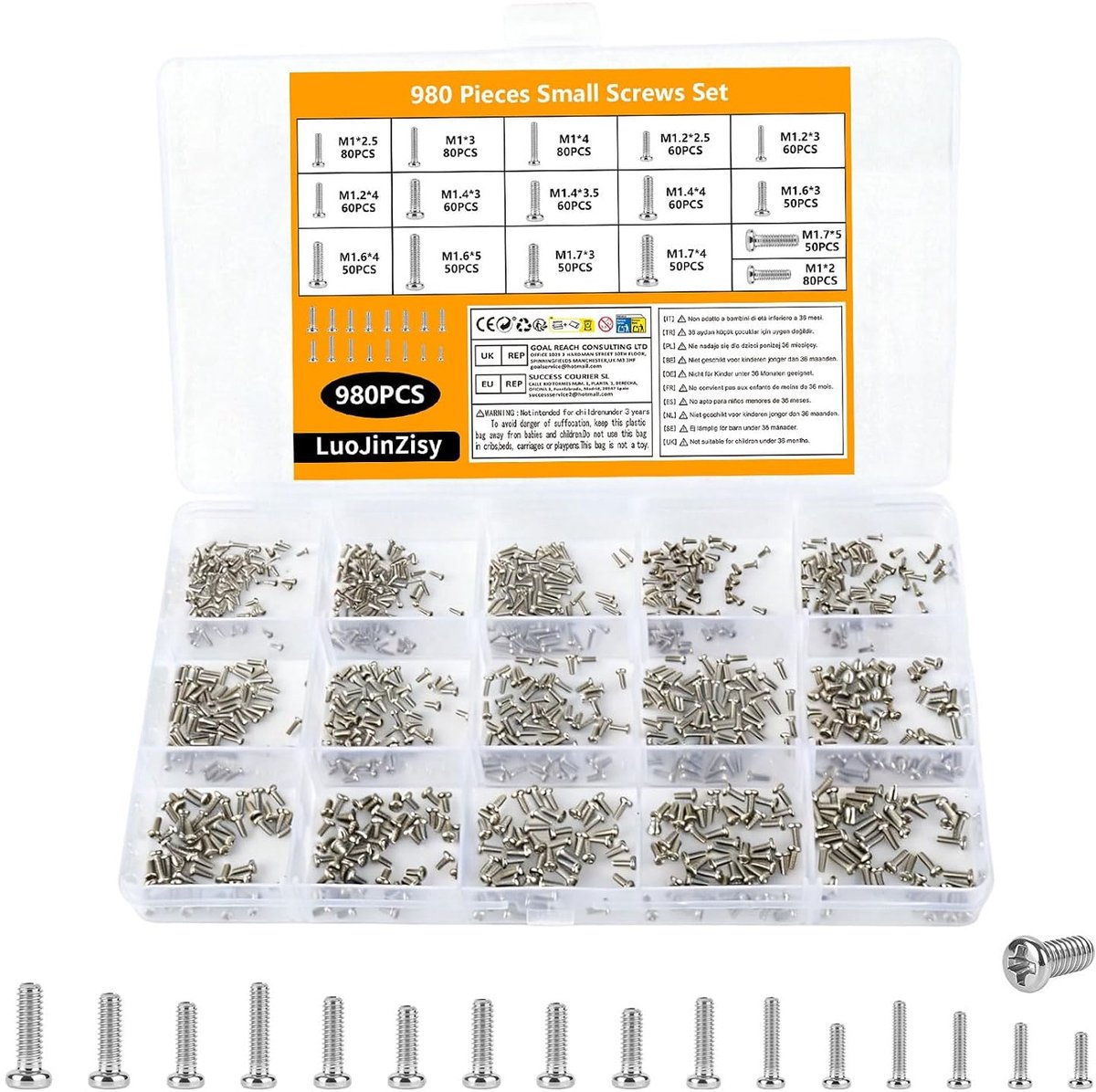 Mini schroeven 980pcs M1 M1.2 M1.4 M1.6 M1.7 - roestvrij staal - hoge hardheid - ideaal voor laptop reparatie - ShopVlot
