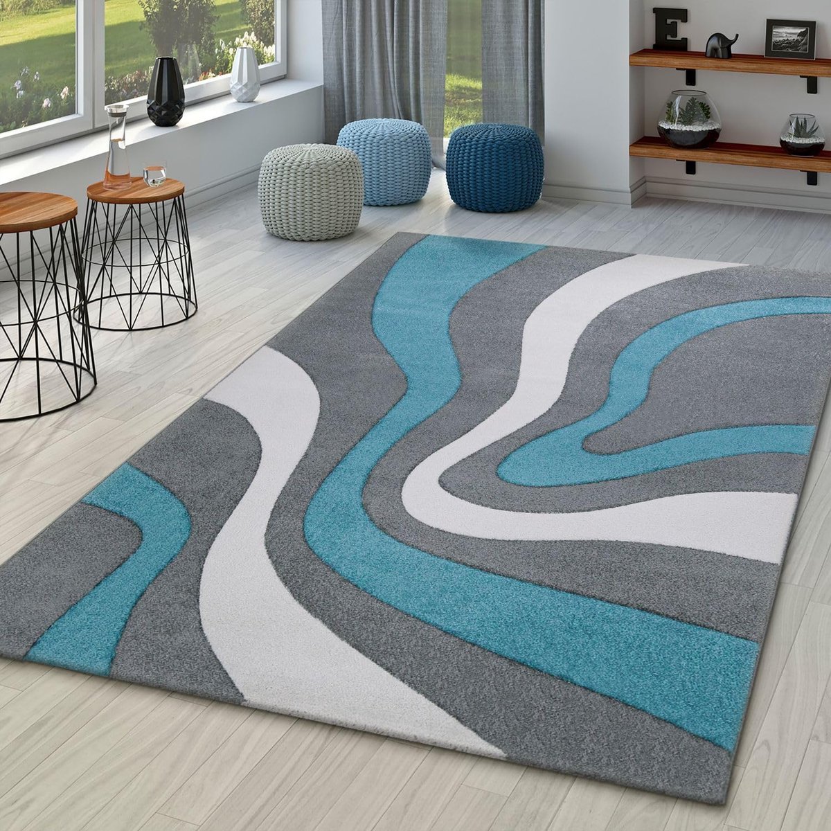 Home Woonkamer Vloerkleed Modern Laagpolig 3D Look Geometrisch Gegolfd Design, Kleur:Turquoise, Maat:80x150 cm