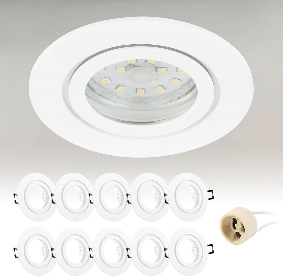 10 x inbouwspots GU10 aluminium, IP44 wit, inbouwspot, montageframe met GU10-fitting, rond, plafondspot, 68 mm, waterdicht, extra plat, voor led, badkamer, 230 V