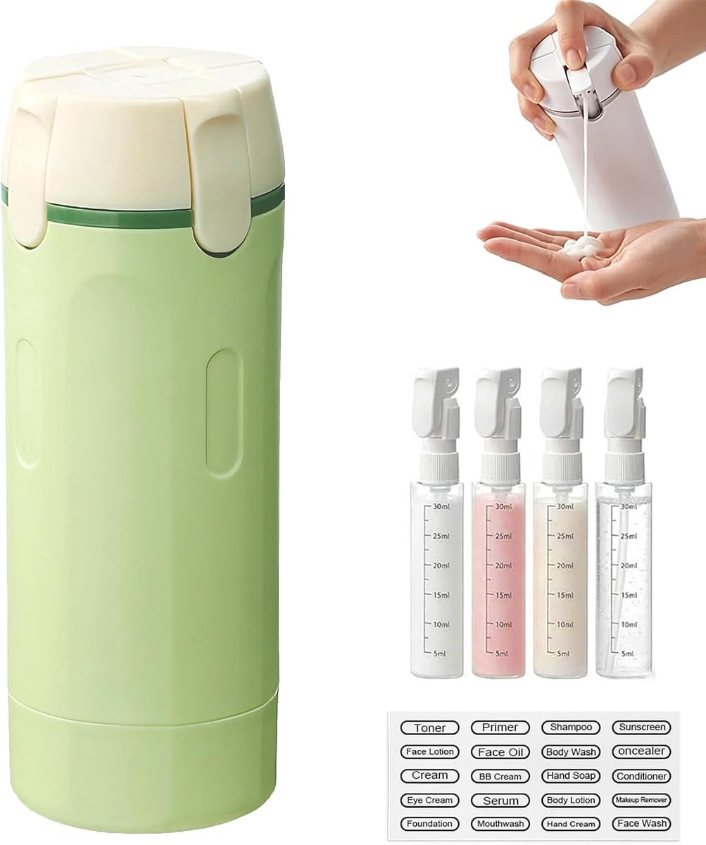 4-in-1 reisdispenser, navulbaar, lekvrij design, groen | Draagbare reisflessen om te vullen, altijd bij de hand, shampoo, crème, spoeling, lichaamsverzorging