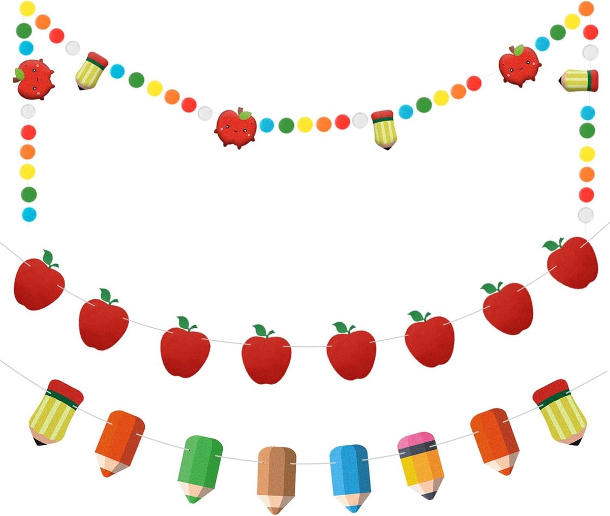3 stuks schattige decoraties, welkom terug slinger, appelstift, kleurrijke hangslinger, terug naar school banner voor eerste schooldag