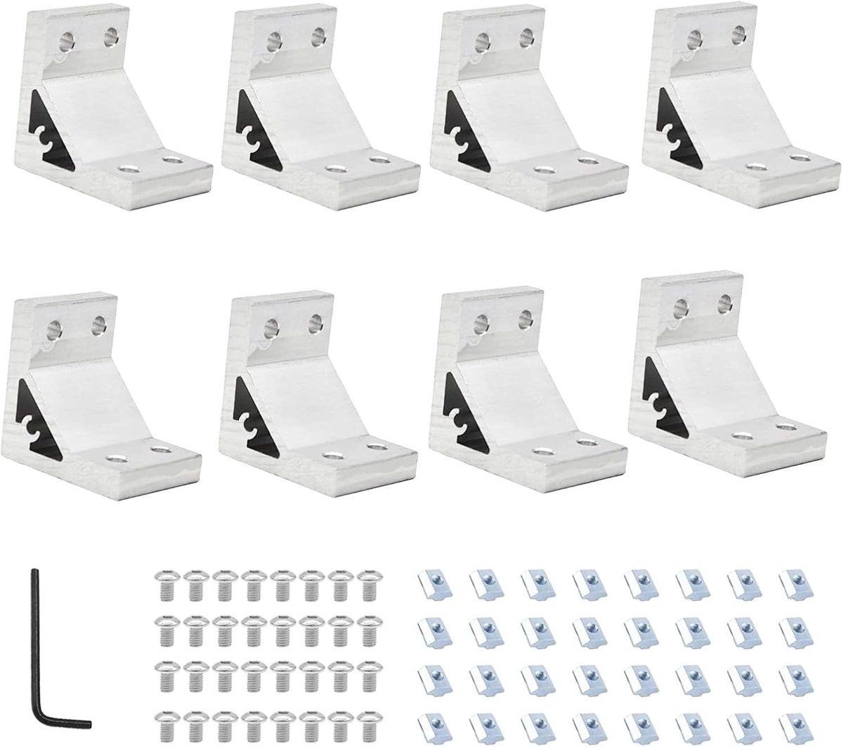 8 stuks 2040 hoekbeugels set met 32 stuks M5 T-sleufmoeren, 32 stuks M5 x 12 mm hex socket cap schroef en 1 stuks M3 moersleutel voor 2040 serie aluminium extrusieprofielen