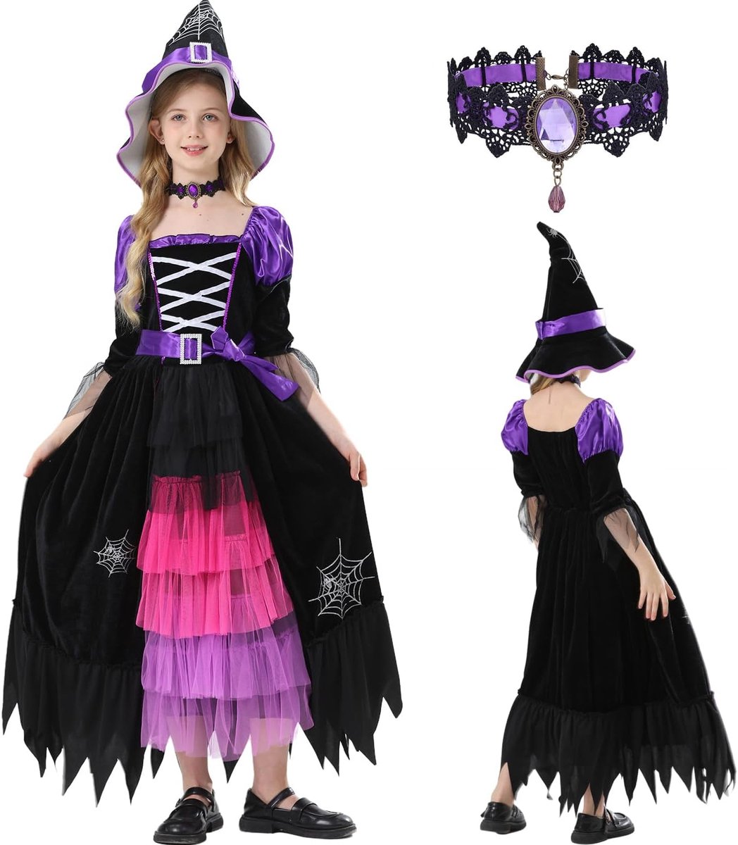 Heksenkostuum voor meisjes, Halloween, Halloween-kostuum voor meisjes, heksenkostuum voor meisjes, met hoed voor Halloween, carnaval, cosplay