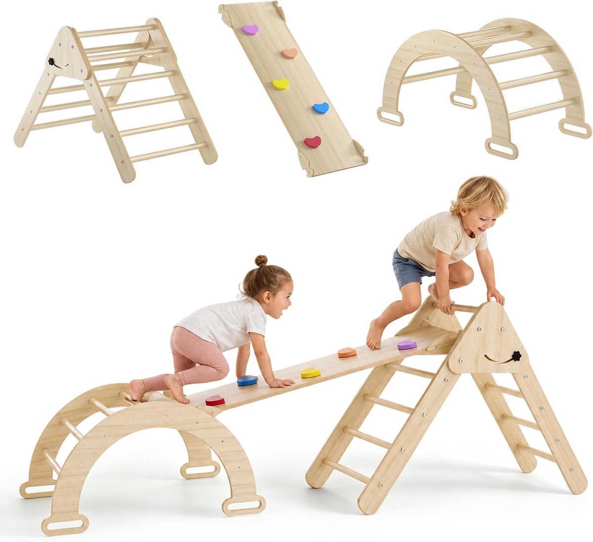 Klimdriehoek met klimboog en glijbaan, 4-in-1 houten klimrek voor binnen, klimspeelgoed voor peuters van 1-3 jaar, belastbaar tot 40 kg, incl. klimplank en motoriek speelapparaat