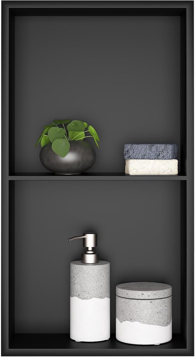 Douche, roestvrij staal, opslag met plank, douchebak 30 x 60 x 10 cm, zwart