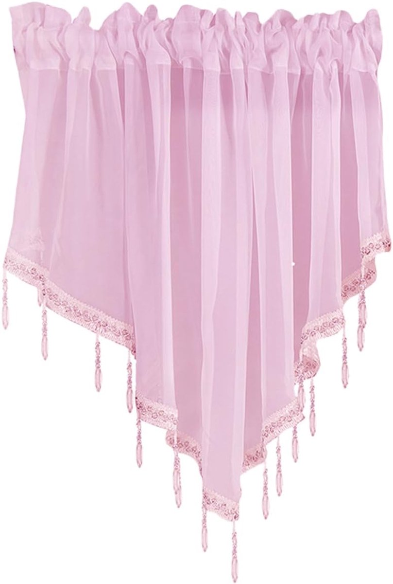 1 stuks roze doorschijnende volant gordijnen 130 x 50 cm, kralen swag-volant voor ramen woonkamer keuken slaapkamer badkamer, korte top boerderij volant gordijnen met roedezak kwastje voile