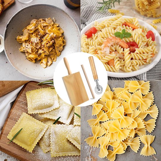 3 stuks gnocchi plank hout, gnocchiplank met deegwiel en deegroller, pasta plank hout, ravioliplank, pastaplank voor het maken van macaroni, tortellini, gnocchi — afbeelding 5