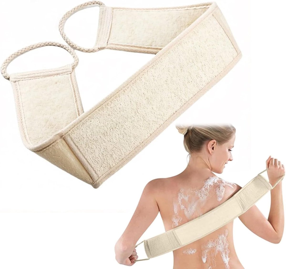 Luffa Spons, rugschrobber, rugborstel voor douche, elastische loofa-spons, peeling-spons met lang rooster, douche- en badaccessoires, geschikt voor douche, badkamer, mannen en vrouwen