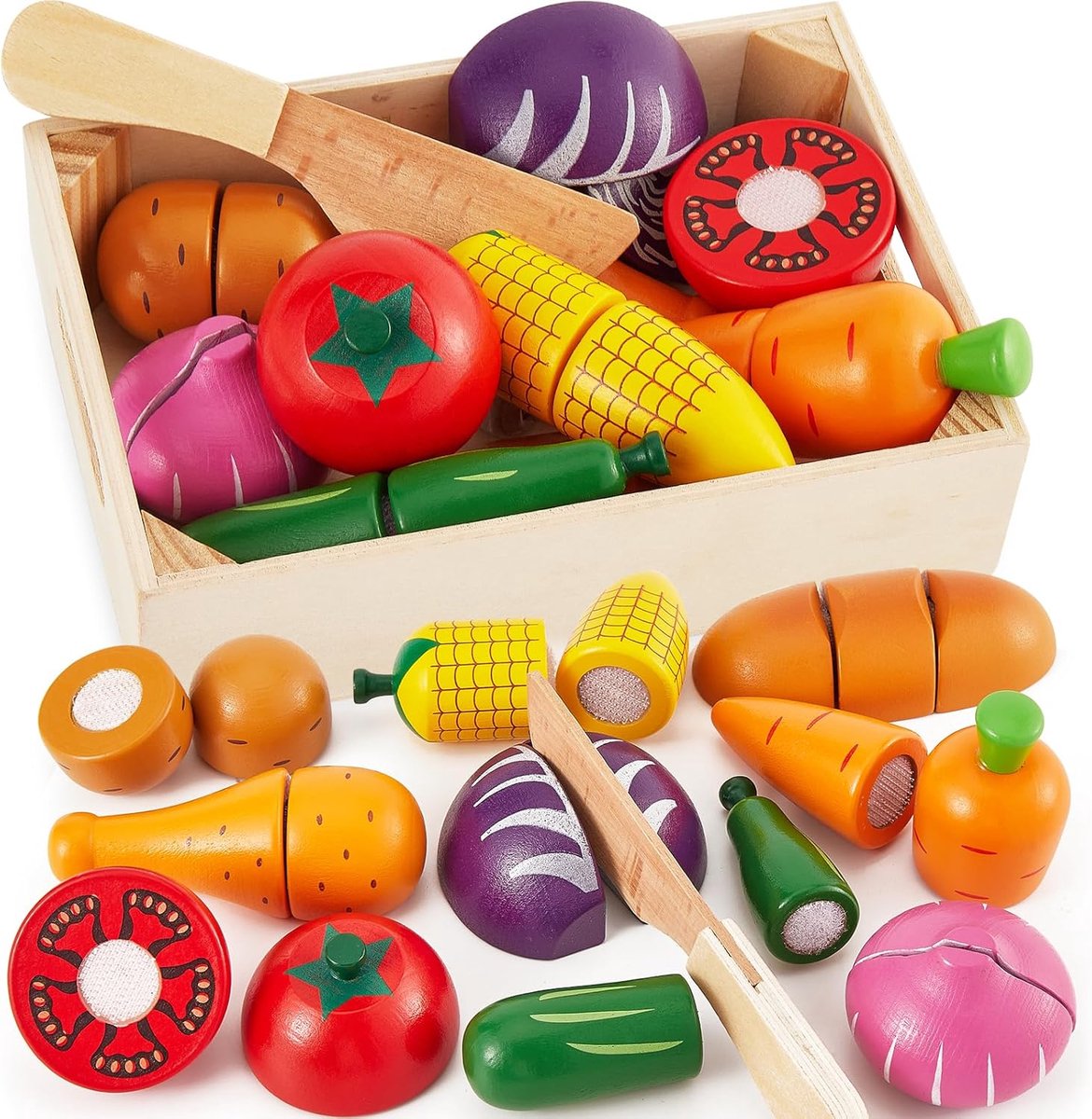 Groentespeelgoed van hout, keukenaccessoires, voor kinderen, 18 m | Montessori Educatief speelgoed voor kinderen, speelgoed, simulatiespeelgoed, hout, voor kinderen van 3, 4, 5 jaar